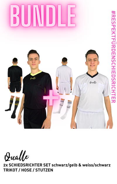 Bundle 2x Qualle Schiedsrichter Trikot-Set (Trikot, Hose, Stutzen) Schiedsrichter=Mensch unisex (Kinder, Frauen und Herren) - schwarz gelb und weiß- schwarz
